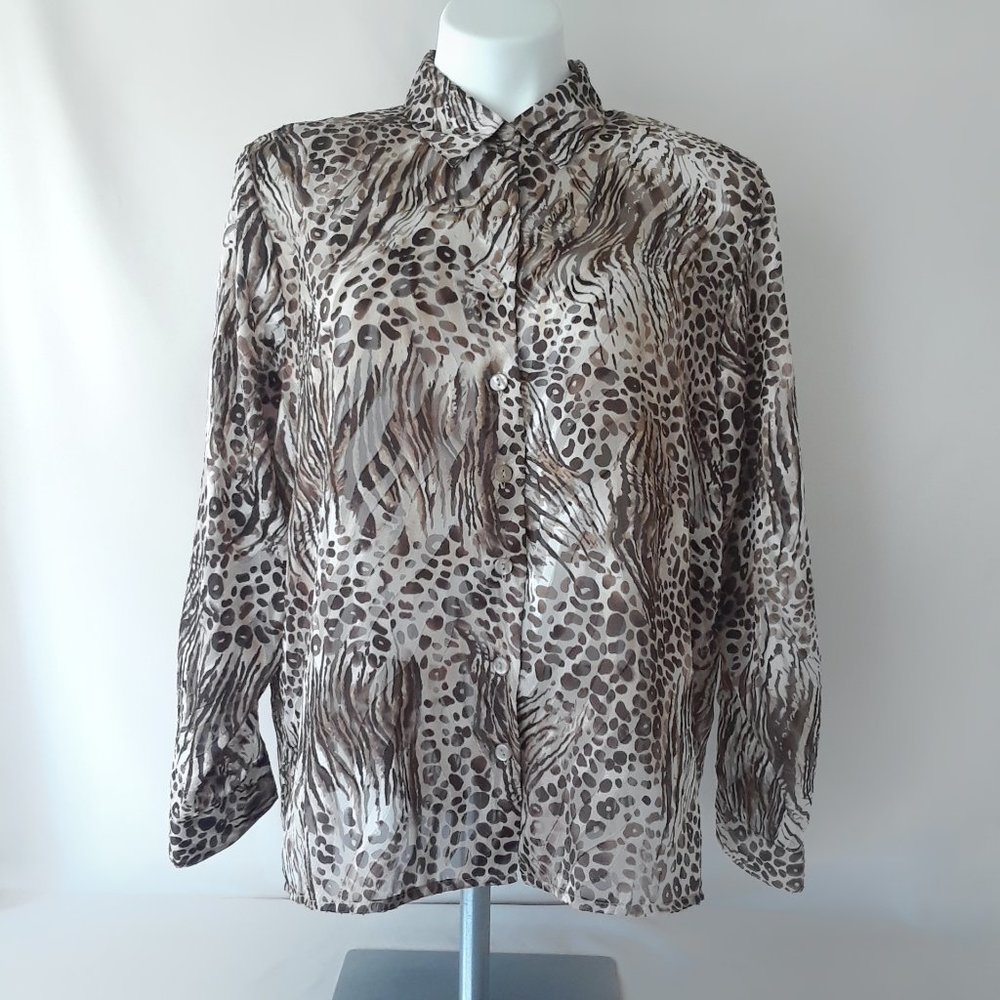 Vintage 1990s Sheer Leopard Animal Print Button Down Top